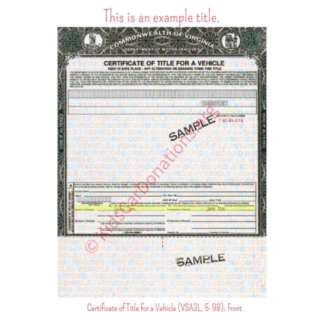 This is an Example of Virginia Certificate of Title for a Vehicle (VSA3L, 5-98) Front View | Kids Car Donations